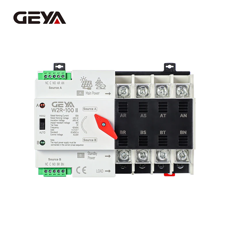 

GEYA W2R Grid PV System Power Transfer to City Power Dual Power Automatic Transfer Switch Din Rail 4P 63A 100A AC220V ATS 110V