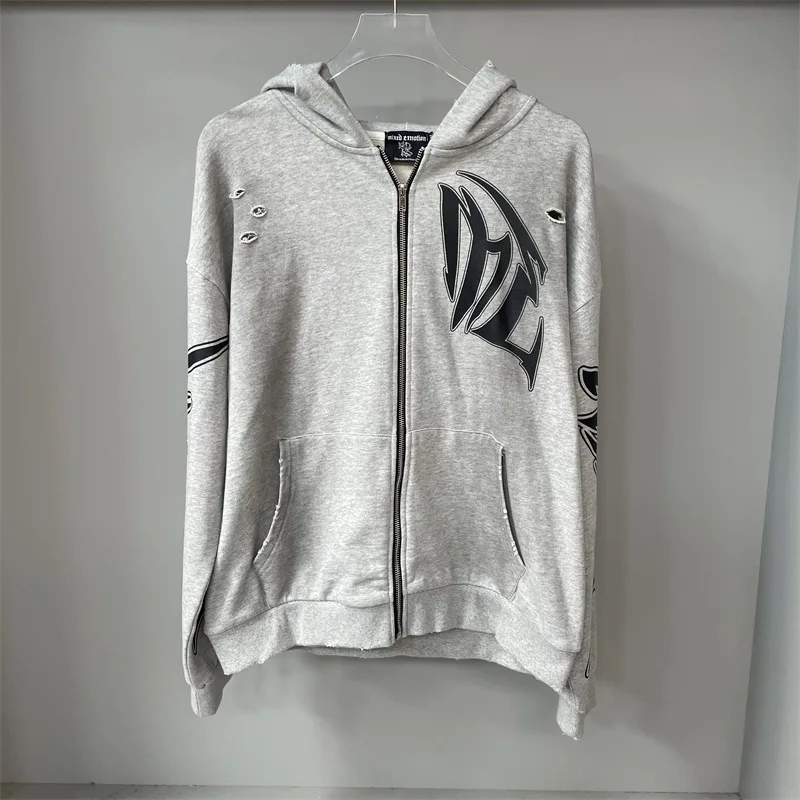 

MIXED EMOTION Grey Hoodies Men Women Letter Logo Printing Oversized Zipper Sweatshirt One Day Shipped Out