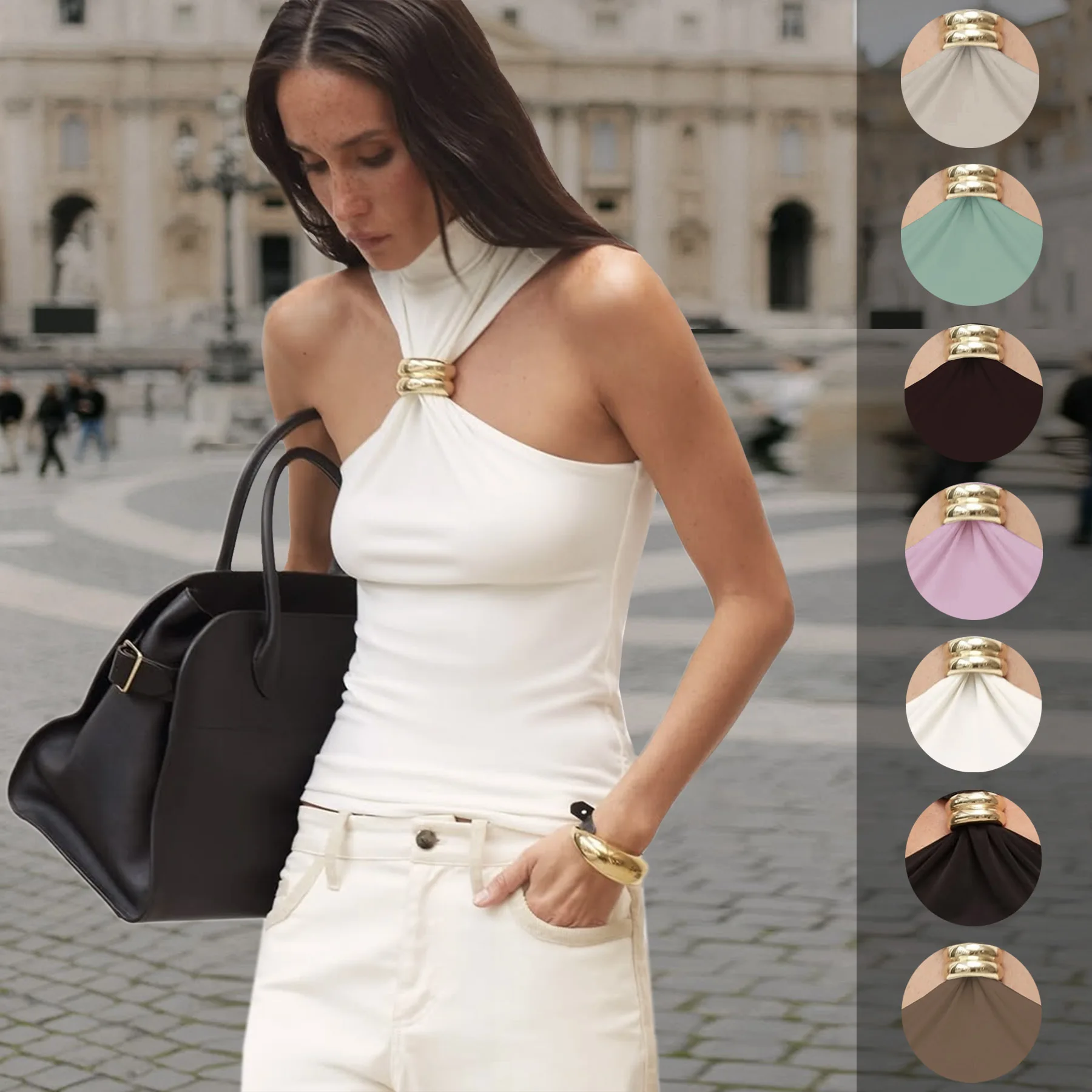 Sexy Women's Spring/Summer Collection Gold Diamond-Studded Details Off-Shoulder Sleeveless Stretch Top Women's Casual Party Wear