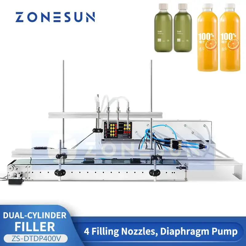 ZONESUN ZS-DTDP400V Auto 4 Nozzle Liquid Filling Machine with Conveyor Diaphragm Pump Beverage Oil Bottle Filler Production Line