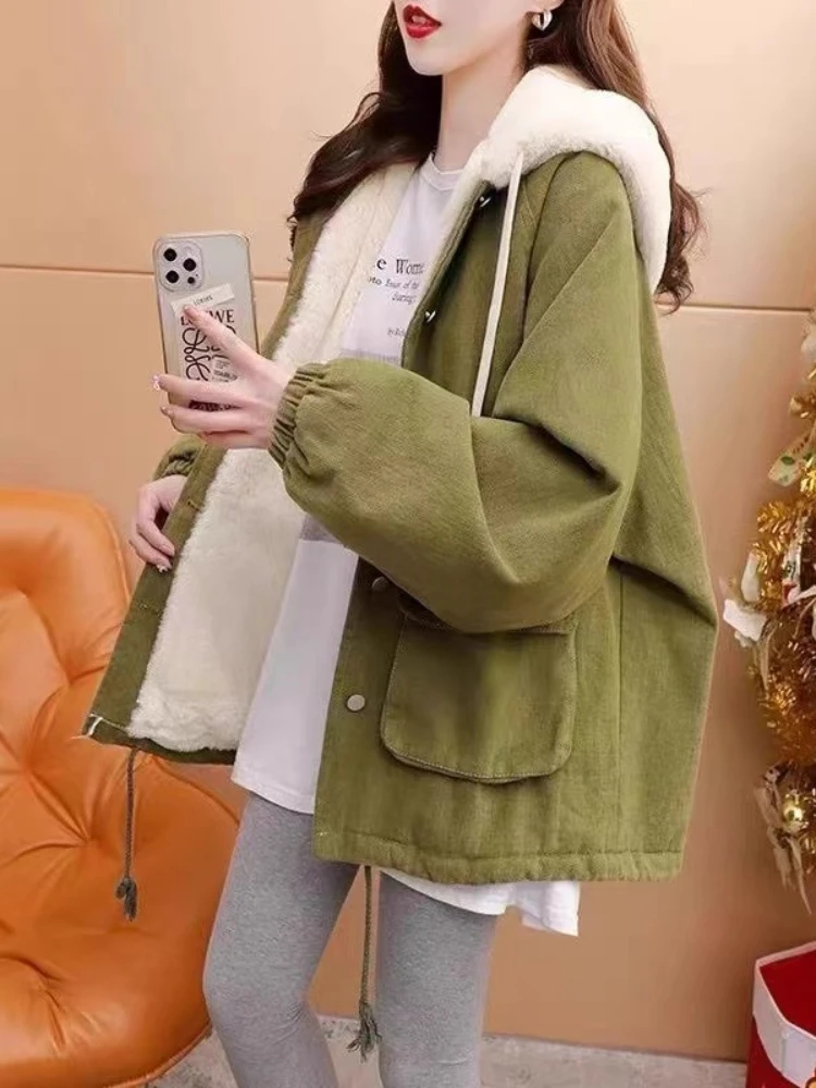 

Women's Winter Fleece-Lined Denim Parka Oversized Hooded Cargo Coat Slouchy Shearling-Lined Jacket Warm Casual Utility Outerwear