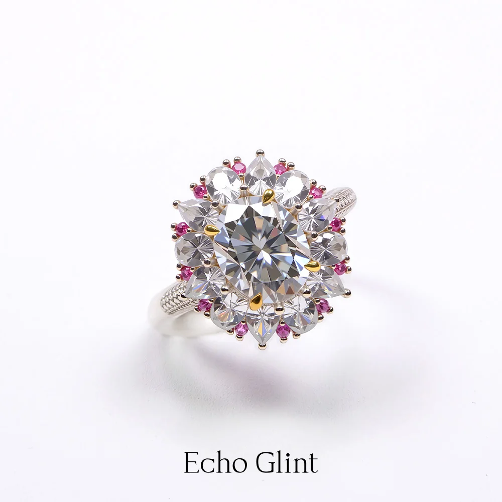    صدى جليينت 3CT مويسانيتي خواتم 925 فضة 8*10 فاخر مبالغ فيه شخصية زهرة خاتم الماس الكامل خاتم بيضاوي