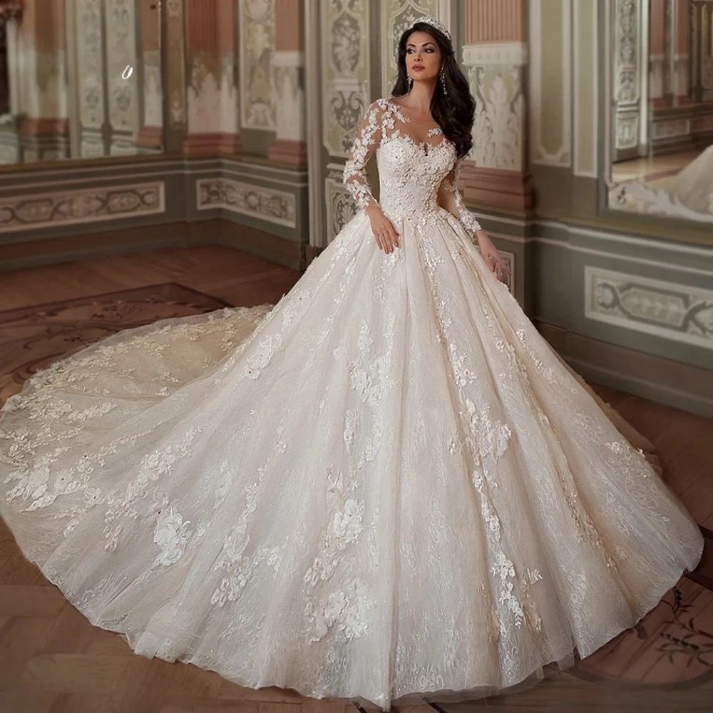 Vestido de novia de lujo, vestido de novia de manga larga con Apliques de encaje, vestido de novia personalizado, ropa de boda para novia de princesa