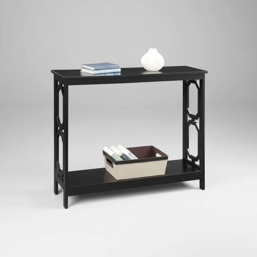 

Современный двухуровневый консольный столик с просторными полками, черная отделка для прихожей в гостиной
