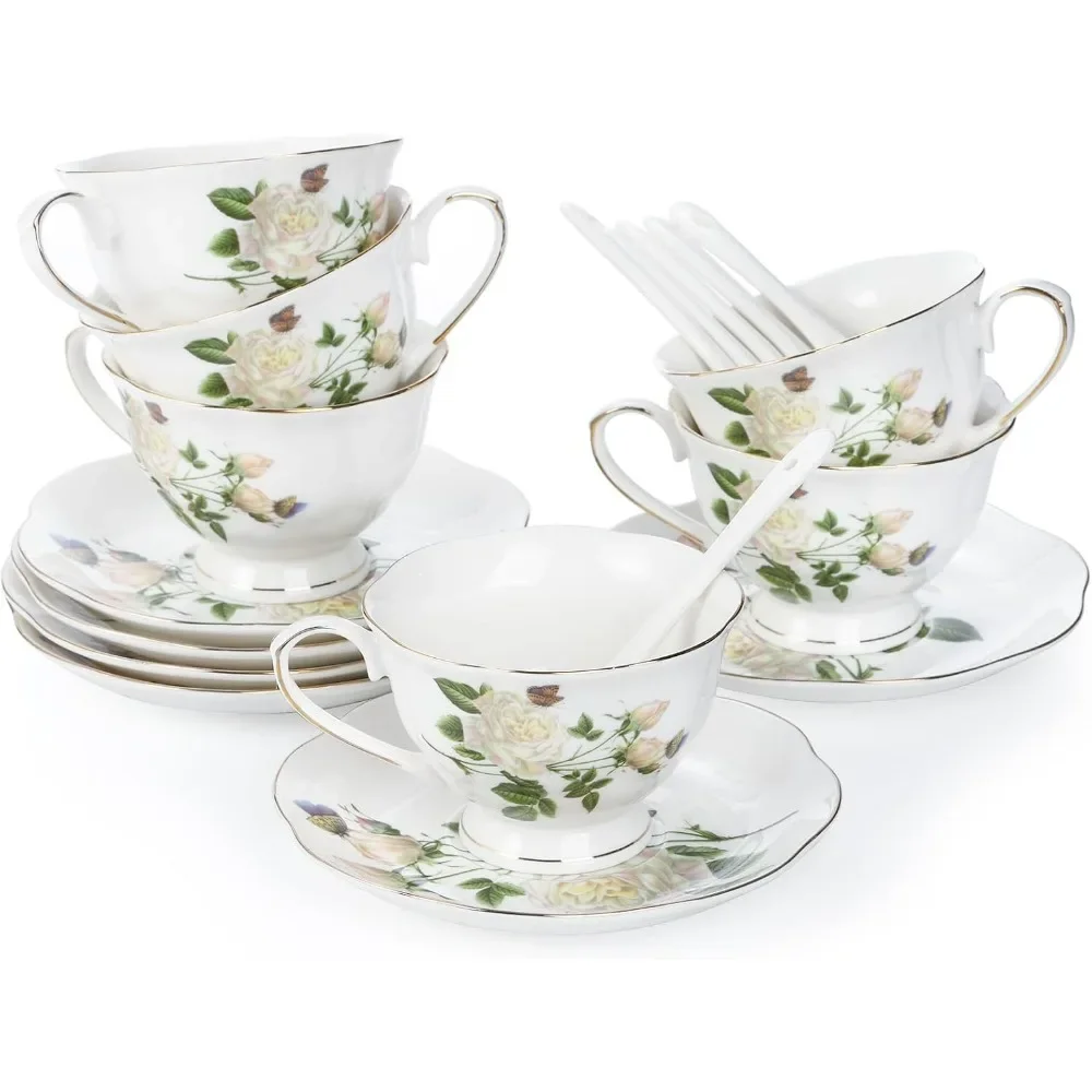 Tea Cup and Saucer Set, Porcelain Ivory Floral Coffee Cups with Saucers and Spoons, 6 Oz Tea Cup Set