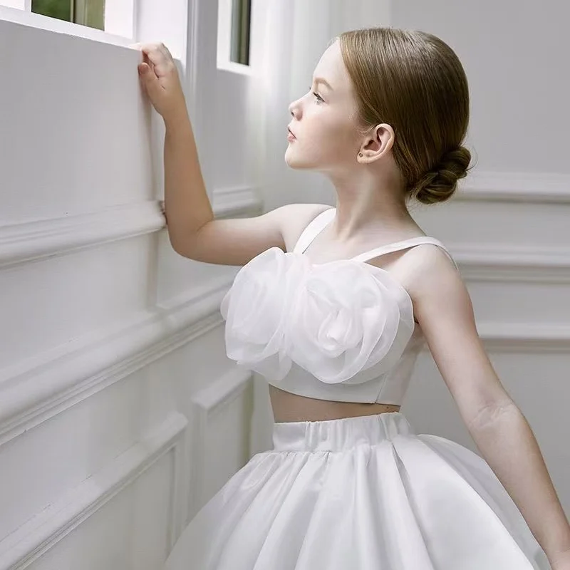 

Two Pieces White Flower Girl Dresses Birthday Wedding Party Gown Kids Princess Sleeveless Knee Length Prom Dress for Girls