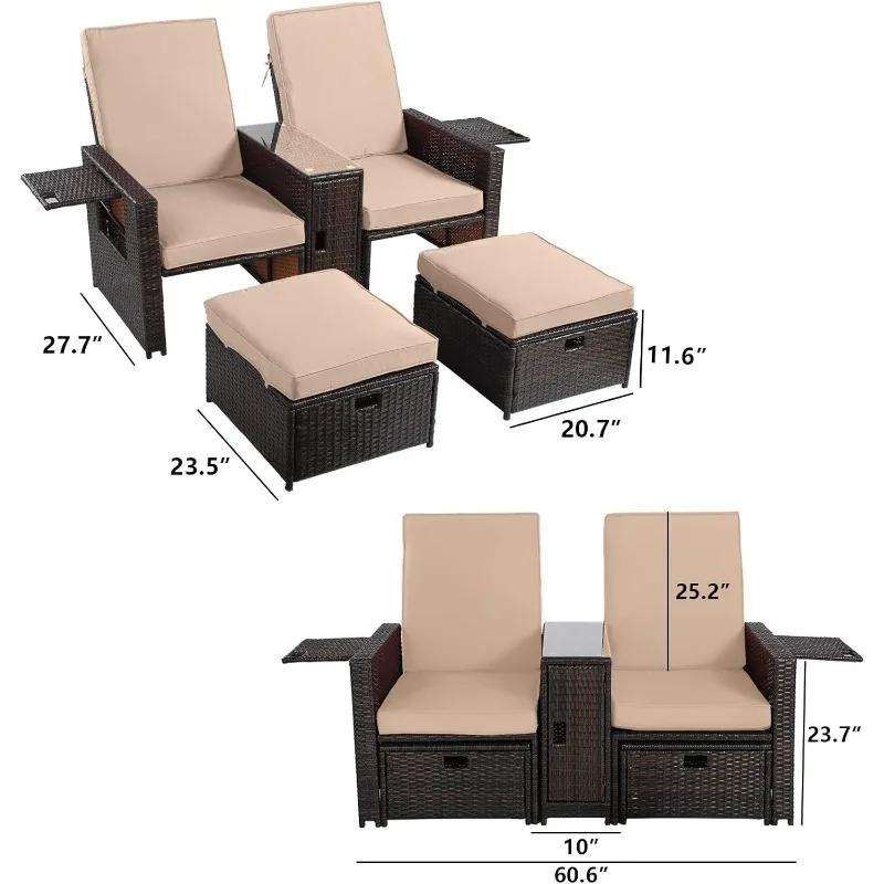 5PCS Patio Wicker Furniture Set - Outdoor PE Rattan Loveseat Sofa with Adjustable Backrest, Coffee Table