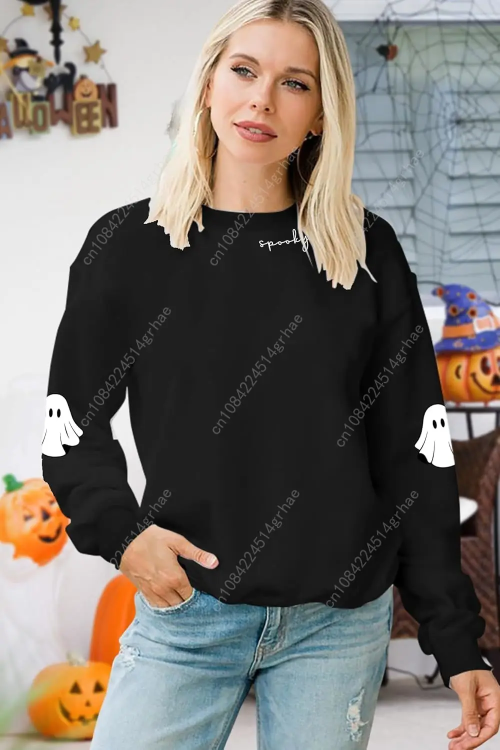 Bluzy na Halloween Damskie Koszulki na Okres Halloweena Śmieszne Koszulki z Grafiką Duchów Koszulki Halloweenowe z Długim Rękawem Bluzy z Nadrukiem