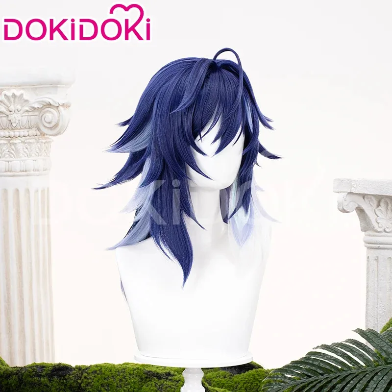 

Game Genshin Impact DokiDoki Men 40cm Dark Blue Long Hair Natlan Ororon Cosplay Tattoo Free Wig Cap Christmas