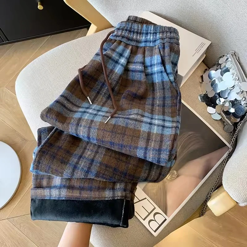 Plaid Wolle Breite Bein Hosen frauen Herbst Winter Plüsch Verdickt Gut Aussehende Casual Vielseitig Lose Elastische Taille Hosen Weibliche