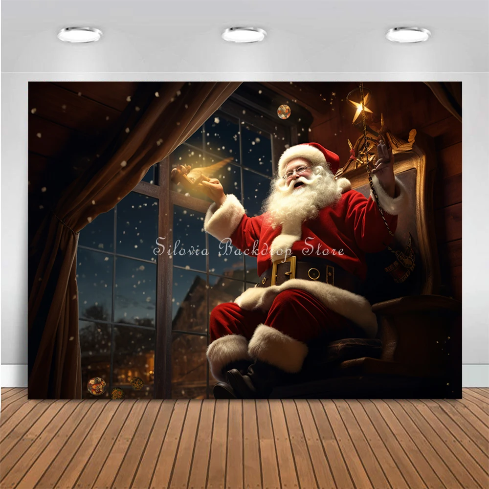 Magical Santa Claus Gift Photo Background Christmas Tree Moon Red Window Photography Backdrop Kids Portrait Photo Studio Props