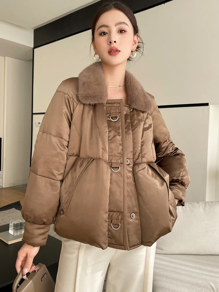 

High-end Luxury Natural Mink Fur Collar Winter Coats for Women 2024 New Trend Simple Warm Fluffy White Goose Down Jacket