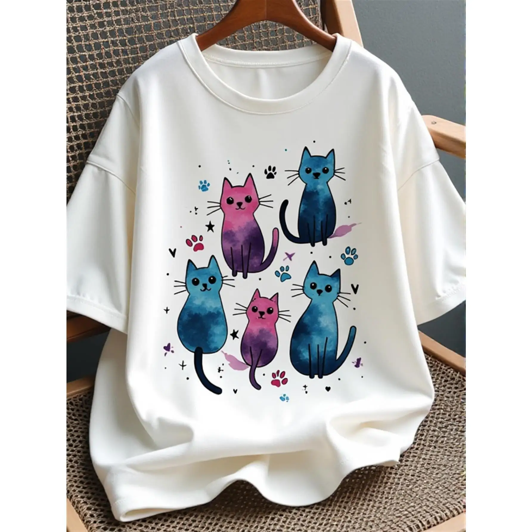 

Women's Watercolor Cats T-Shirt Cute Gradient Kitten Print Artistic Pet Lover Tee Casual Animal Graphic Top Gift