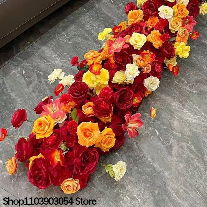 أحمر/برتقالي/أصفر فاخر وردي كوبية أريكة الجدول عداء زهرة الزفاف خلفية الديكور تشكيلة صف الزهور الدعائم الحدث