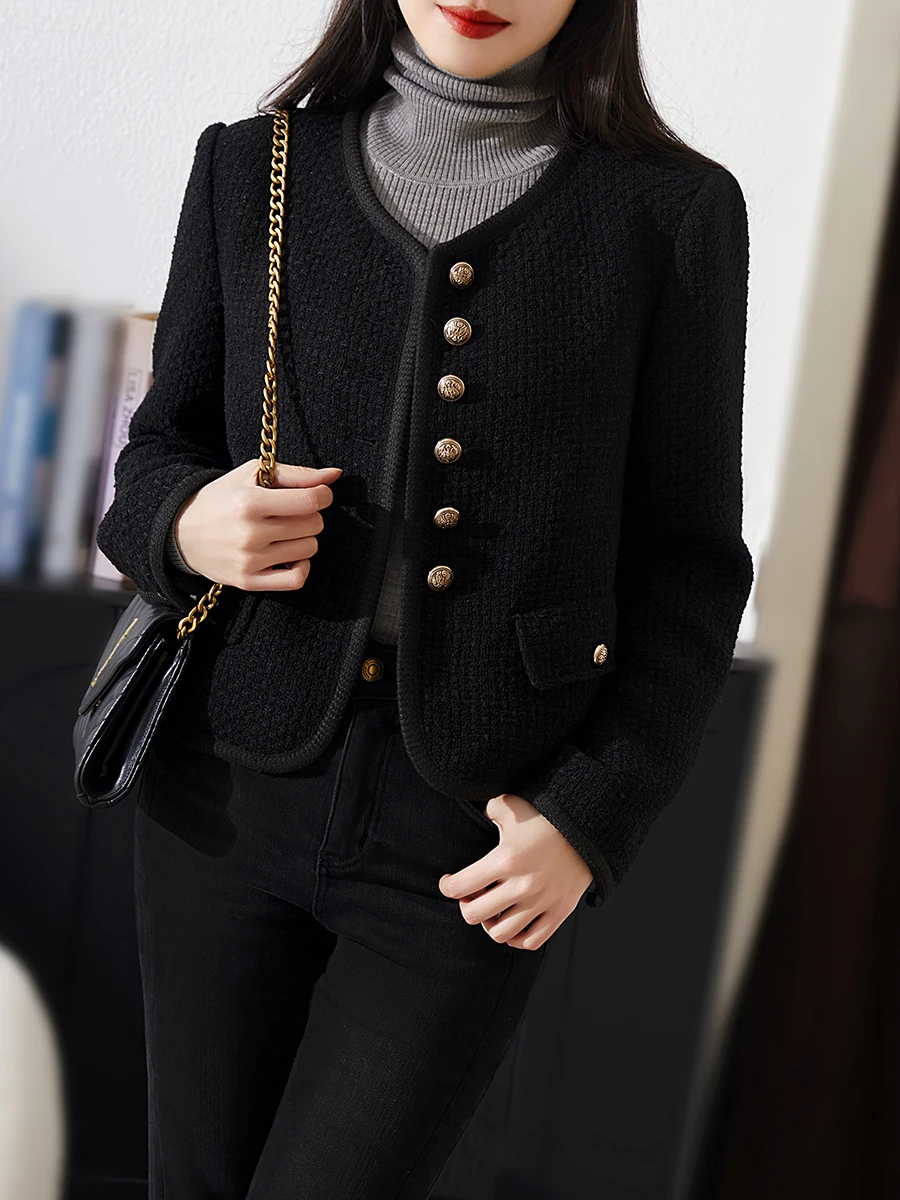 

Черное хлопковое твидовое короткое пальто для женщин, модное, с прямым кроем, воротником-сердечком, весеннее, прямого силуэта