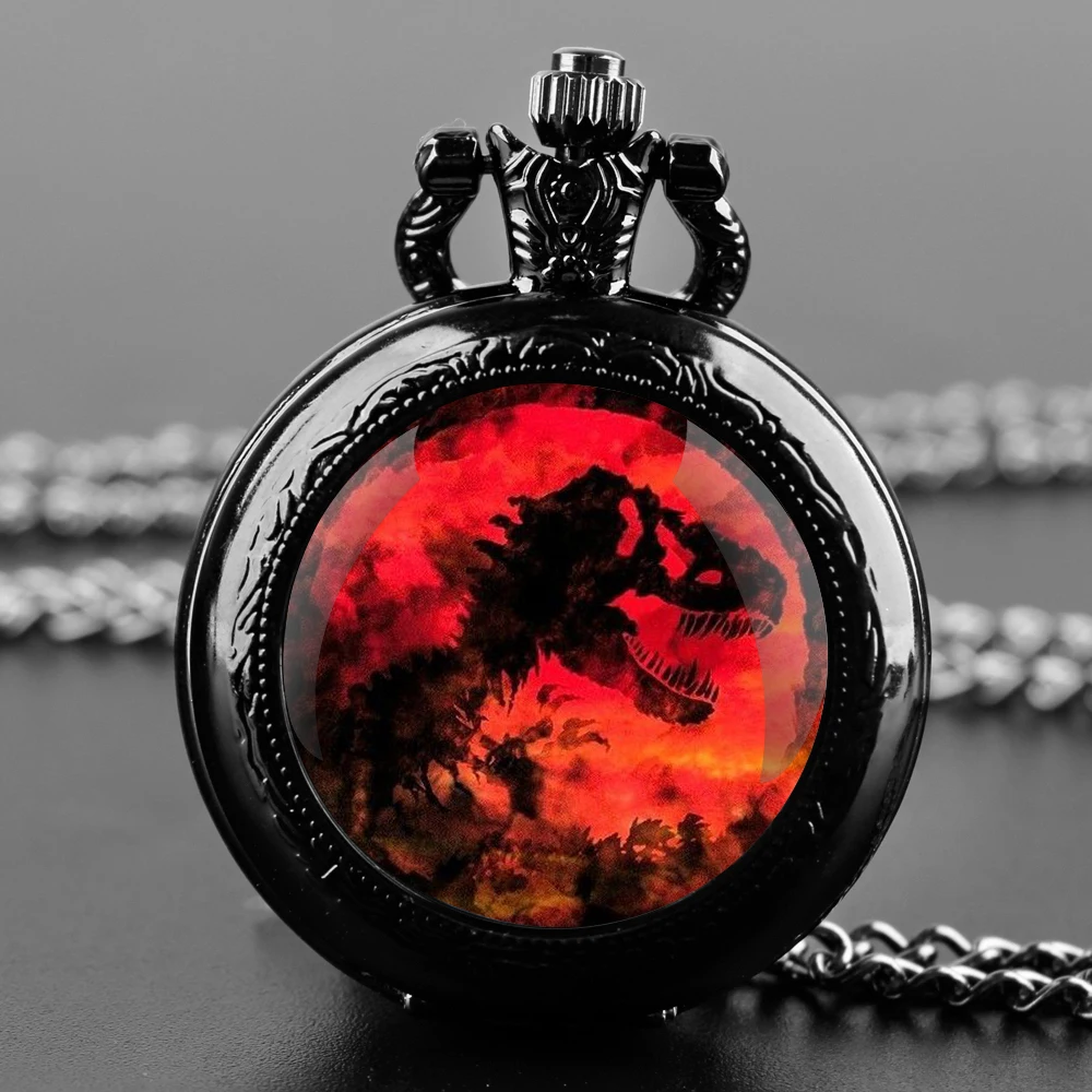Dinosaur Glass Dome Quartz Pocket Watch With Durable Chain Arabic Numeral Dial Halloween Gifts for Men Women Kids
