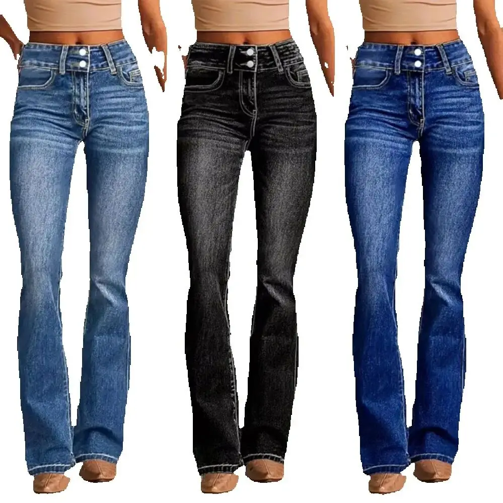 2025 Retro Jeans For Women Stretch Denim Jeans Mid Waist Button Zipper Closure Stretchy Denim Pants Slim Fit Flared Trousers