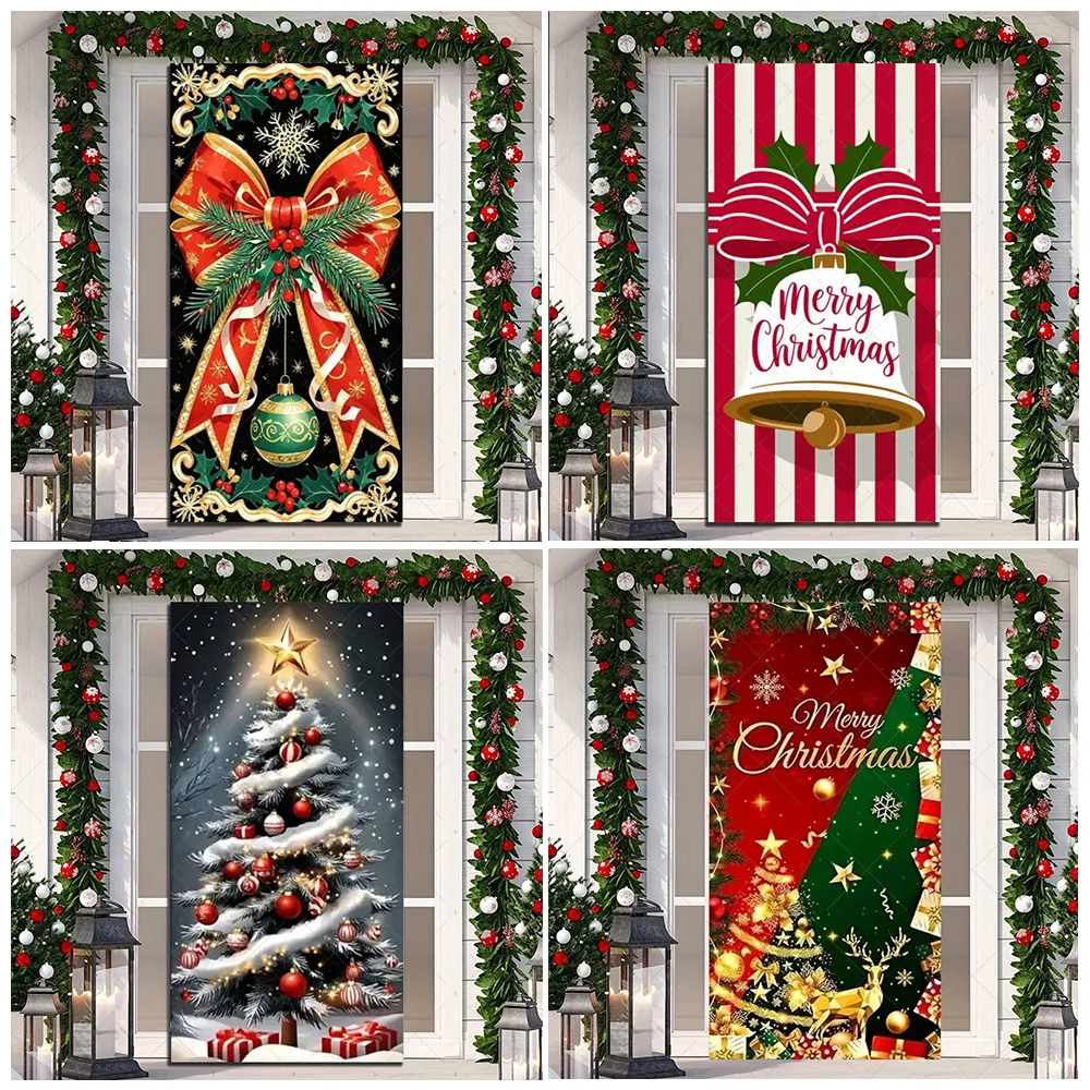 

Winter Christmas Door Covers Background Supplies Xmas Tree Bell Gifts Photography Backdrop Party Decorations Photo Shoot Props