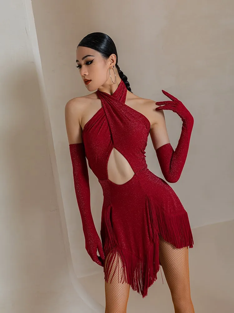 

New Latin Dance Costume Practice Suit For Female Adult Internet Celebrity Set Winter Tassel Dress