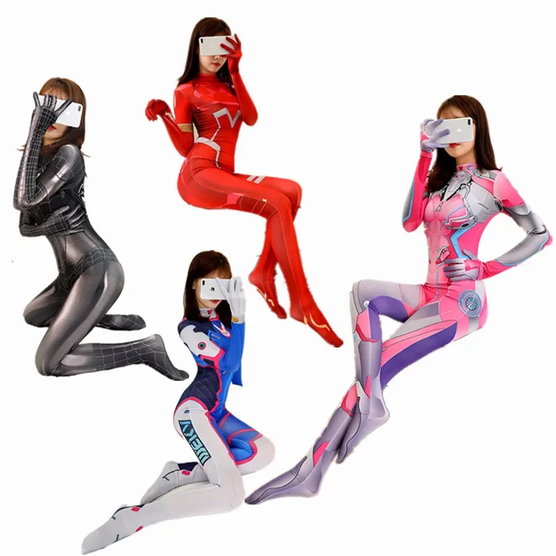 Zero dwa Cosplay kobieta seksowny kombinezon Zentai elastan body Overwatch Zentai kostium Halloween karnawał Party fantazyjna peruka kombinezon