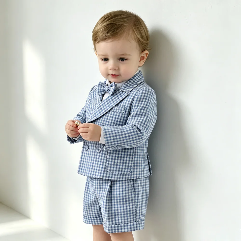 Boys Blue Lattice Formal Suit Set Toddler Blazer Shorts Bow Tie Outfit Kids Gentleman Costume Wedding Banquet Christening Party
