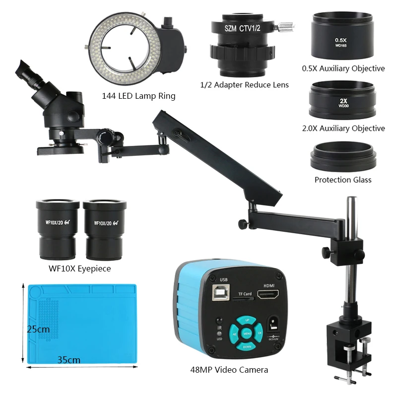 Simul Focal Parfocal 3.5X-90X Trinocular Stereo Microscope UHD 48MP 4K HDMI USB Video Camera Arm Pillar Clamp Stand