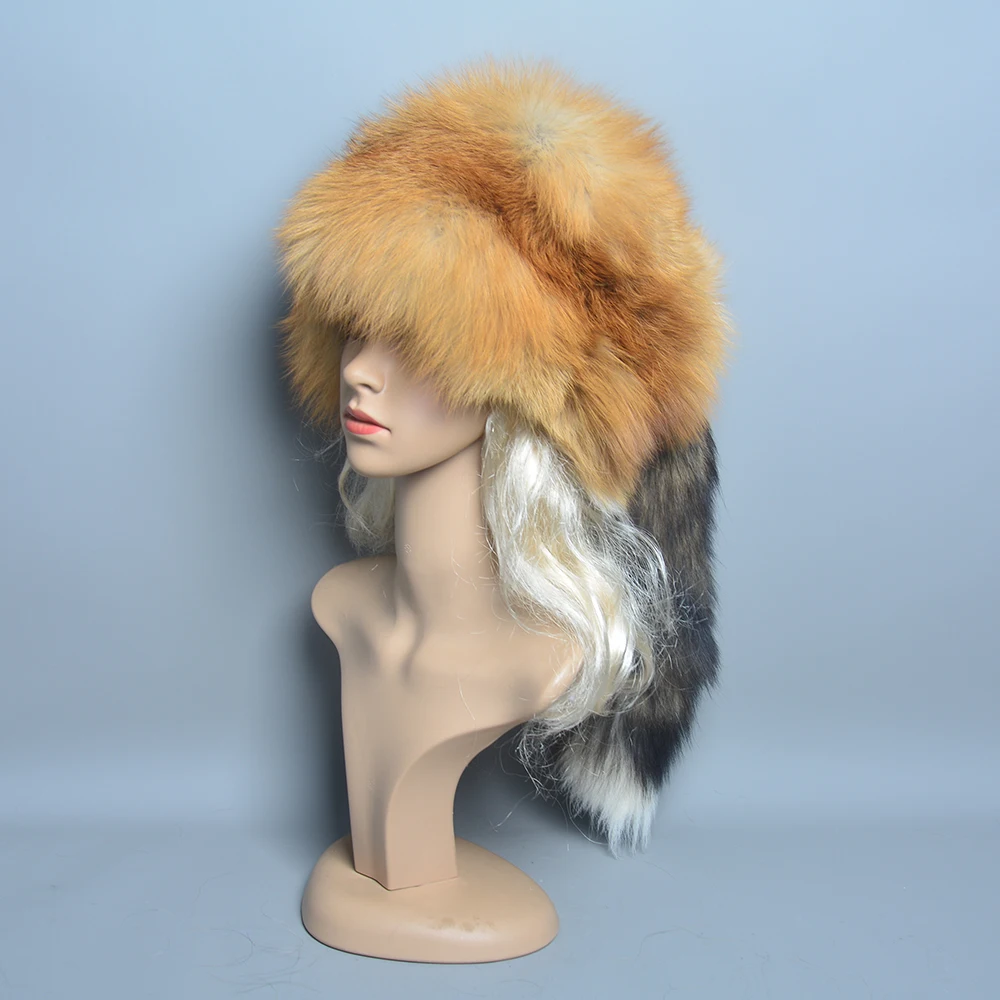 real fox fur hats for women winter fashionable stylish Russian thick warm beanie hat natural fluffy fur hat with tail