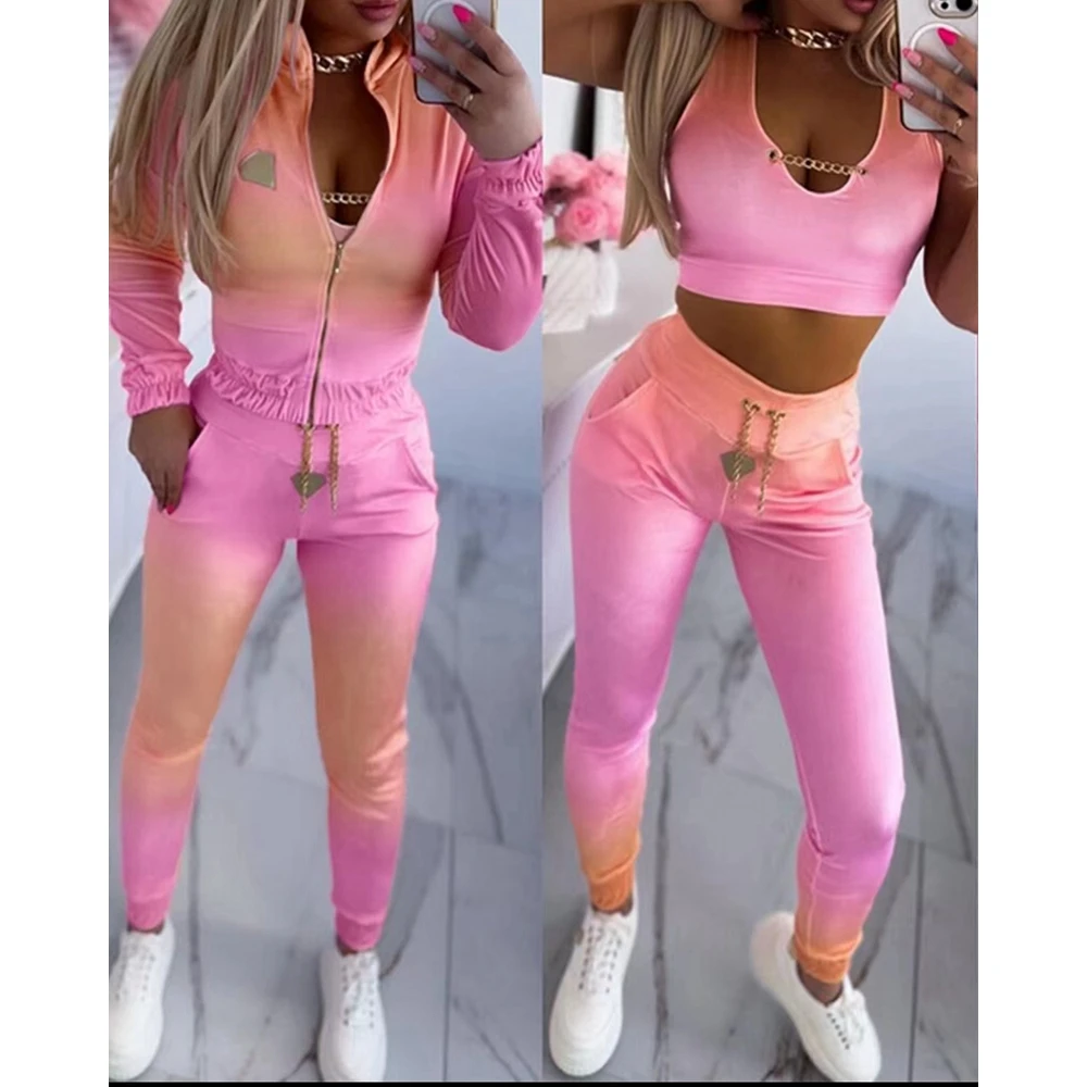 Ensembles Femme 3 Pieces Pants Set Tracksuit Ombre Color Chain Decor Crop Tank & Pants Set and Zipper Front Coat Gym Outfits y2k