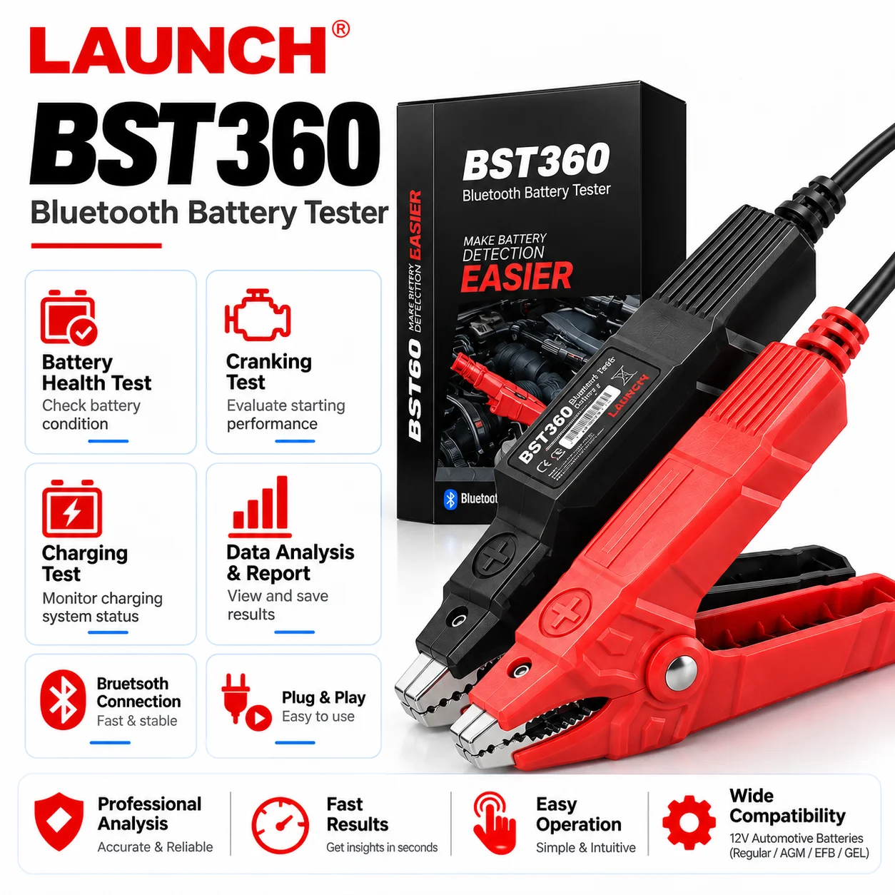 LAUNCH X431 BST-360 Bluetooth Battery Tester Clip Analyzer 6V 12V 2000CCA Voltage Tester Compatible with X431 Devices Android