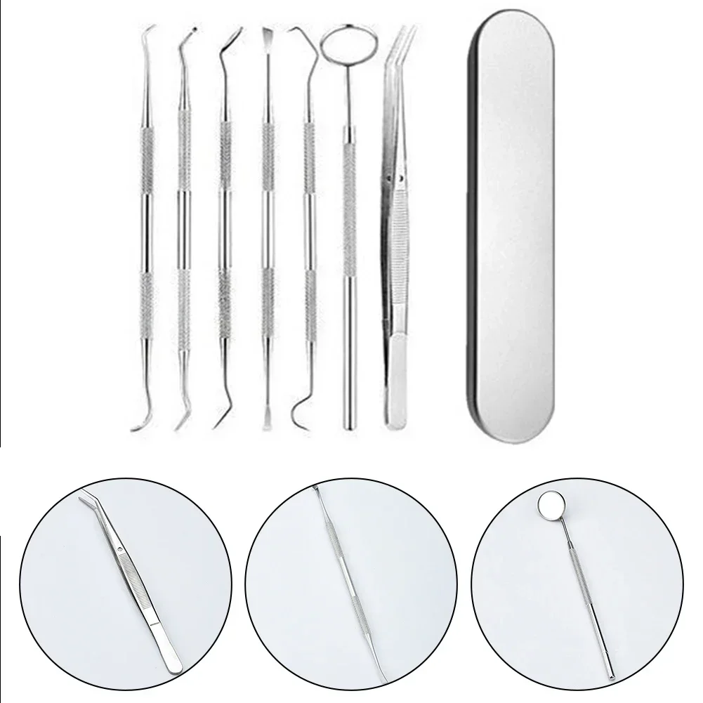 1set Stainless Steel Dentist Tools Remove Tartar And Plaque Seven Pieces In A Tin Box Intraoral Camera Probe Lab Dental Tools