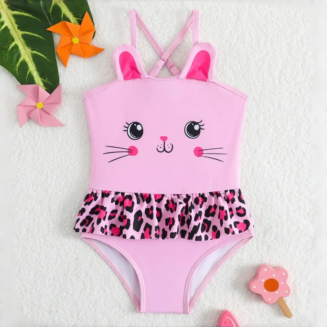 

Детский слитный купальник для девочек 2026 года с милым кошачьим принтом, без рукавов, летний, для девочек 4-7 лет