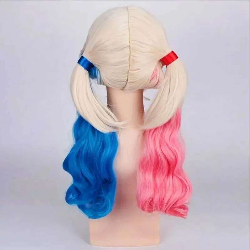 Cosplay Harley Quinn Double Ponytail Synthetic Long Curly Wig Cute Girl Heat Resistant Fiber Cosplay Clown Girl Wig Daily Party