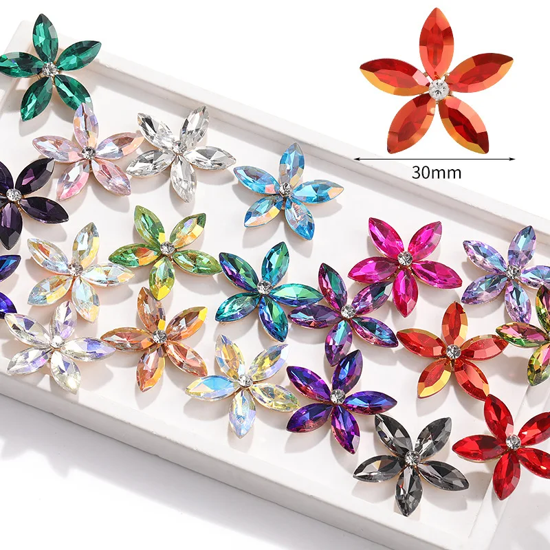 5 Pieces Shimmering Glass Rhinestone Floral Metal Base Petals Craft DIY Bag Decorative Handmade Hair Clip Jewelry Accessories
