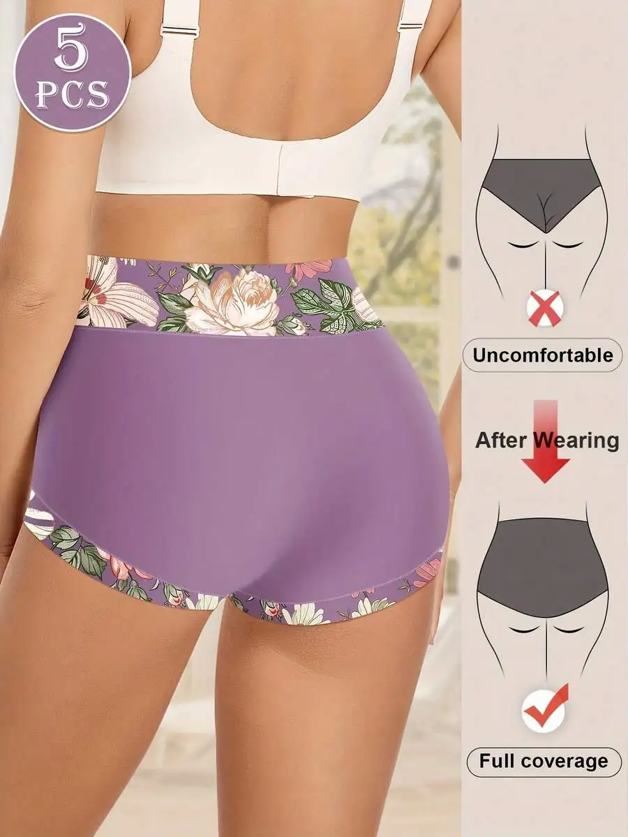 

5 Pcs High Waist Womens Briefs With Floral Print Abdomen Control Buttock Lift