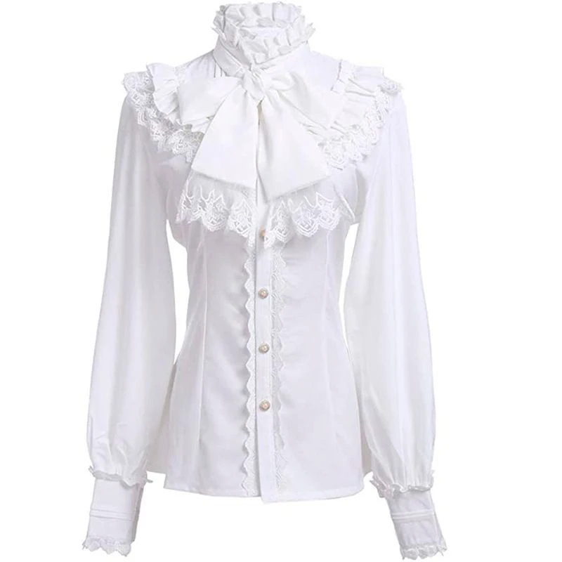 Vintage Ruffles White Shirts Women Japanese Preppy Lolita Bow Bandage Blouses Gothic Lace Patchwork Black Long Sleeve Slim Tops