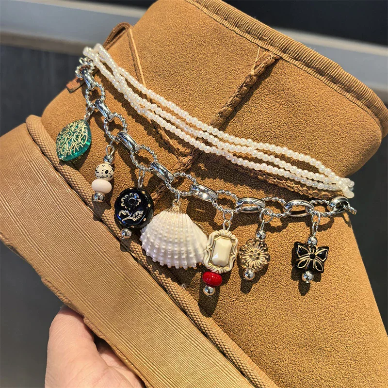 Creative 1pc Snow Boots Shell Pearl Pendant Shoe Charms Shoe Decor Chain Accessory