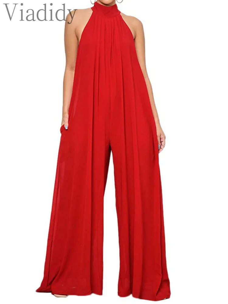 

Solid Color Casual Side Pockets Sleeveless Chiffon Wide Leg Jumpsuit