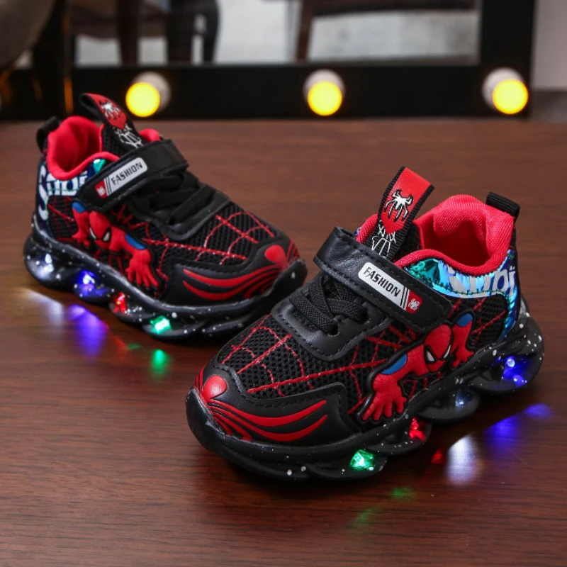 Disney Children\'s Led Light Sneakers Fashion Aoger Spiderman Boys Sport Shoes Cartoon Casual Shoes Breathable Outdoor Shoes