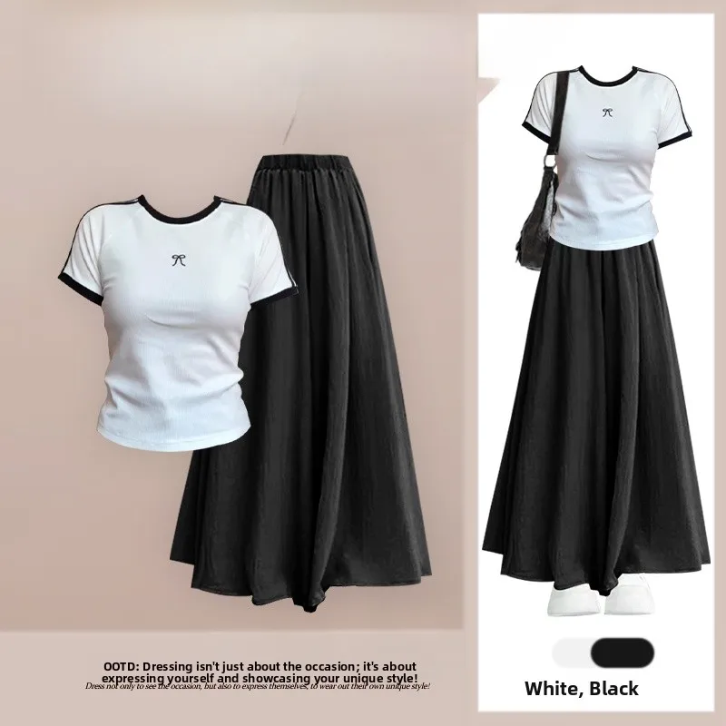 

Летний модный комплект 2026: свободная футболка с коротким рукавом и утягивающие брюки-юбка с высокой талией, универсальный, омолаживающий эффект