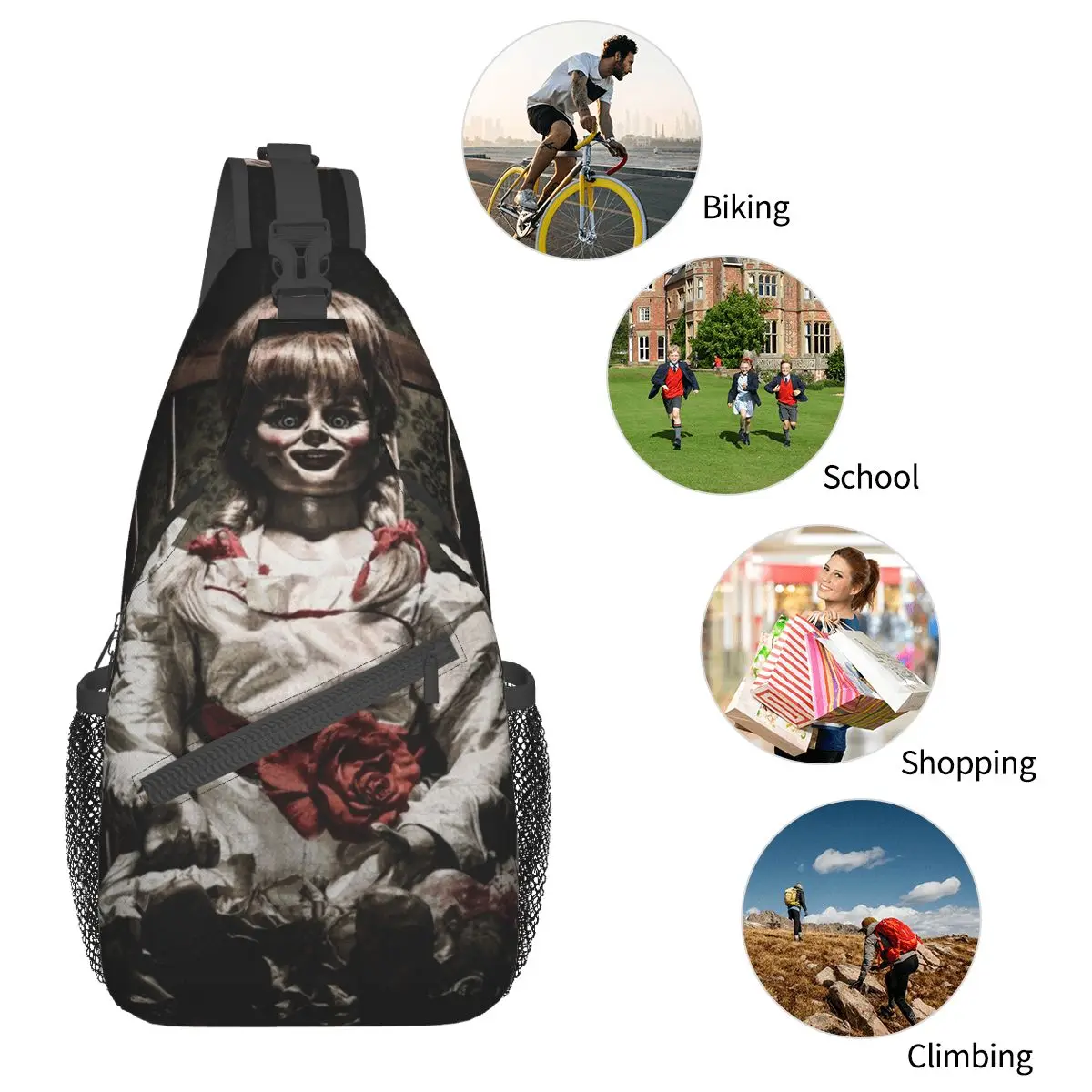 Annabelle-Mochila pequeña de película de terror para Halloween, bandolera de hombro para el pecho, mochila para senderismo al aire libre, mochila de noche