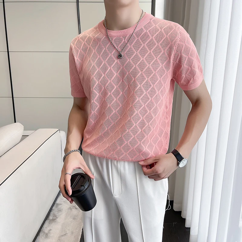 Viscose&Polyester Stretchy Luxury T Shirt For Men Short Sleeved Summer Icy Quality Hollow Silky Knitted Tees Camisetas De Hombre