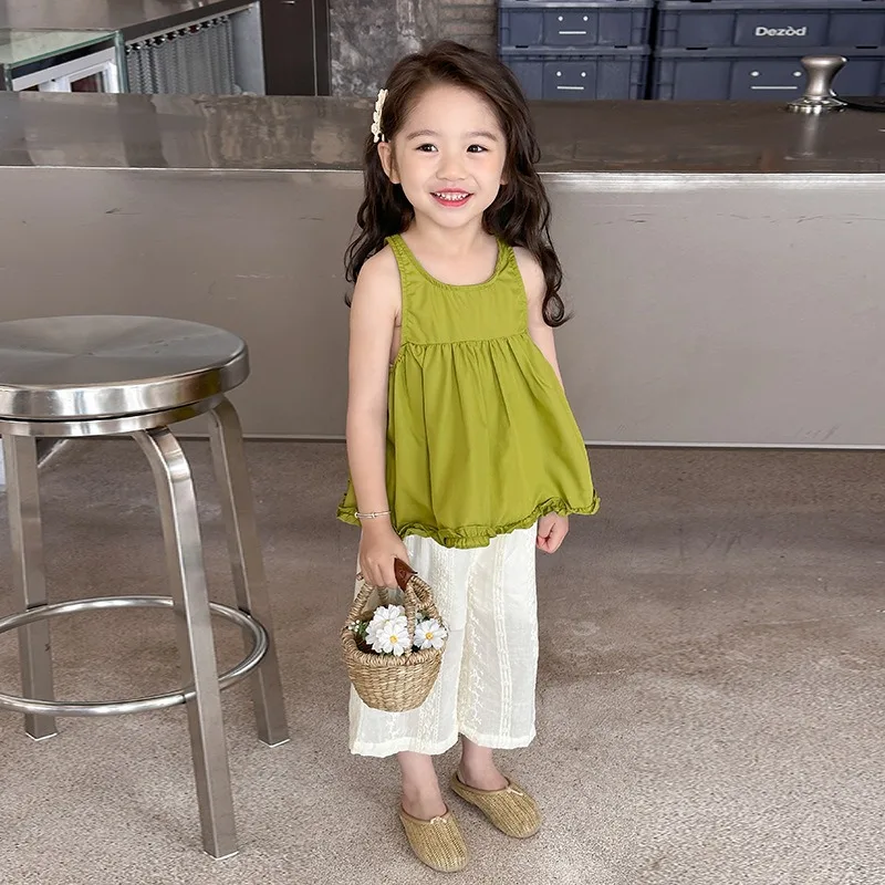 2pcs Set for Girls Summer Outfits Backless Vest and Loose Long Pants Solid Color Casual Cotton Sets with Pants Girls Clothes