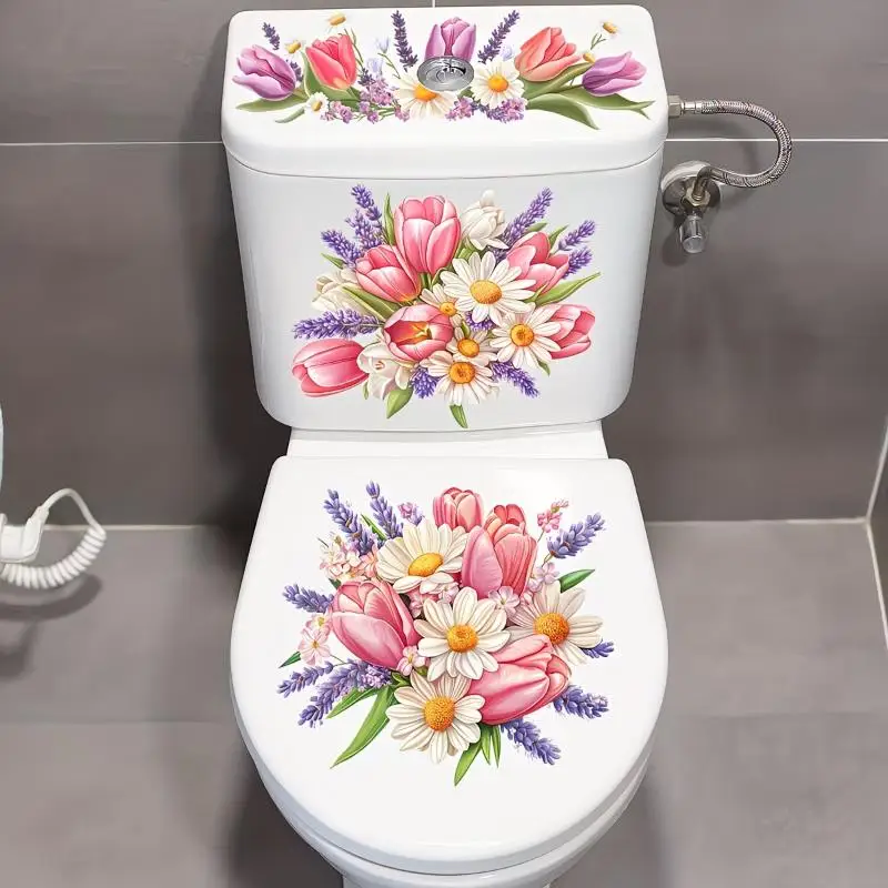 Floral Toilet Sticker Waterproof Vivid Pattern Self-Adhesive Bathroom Wall Toilet Lid Decal for Restroom Decor