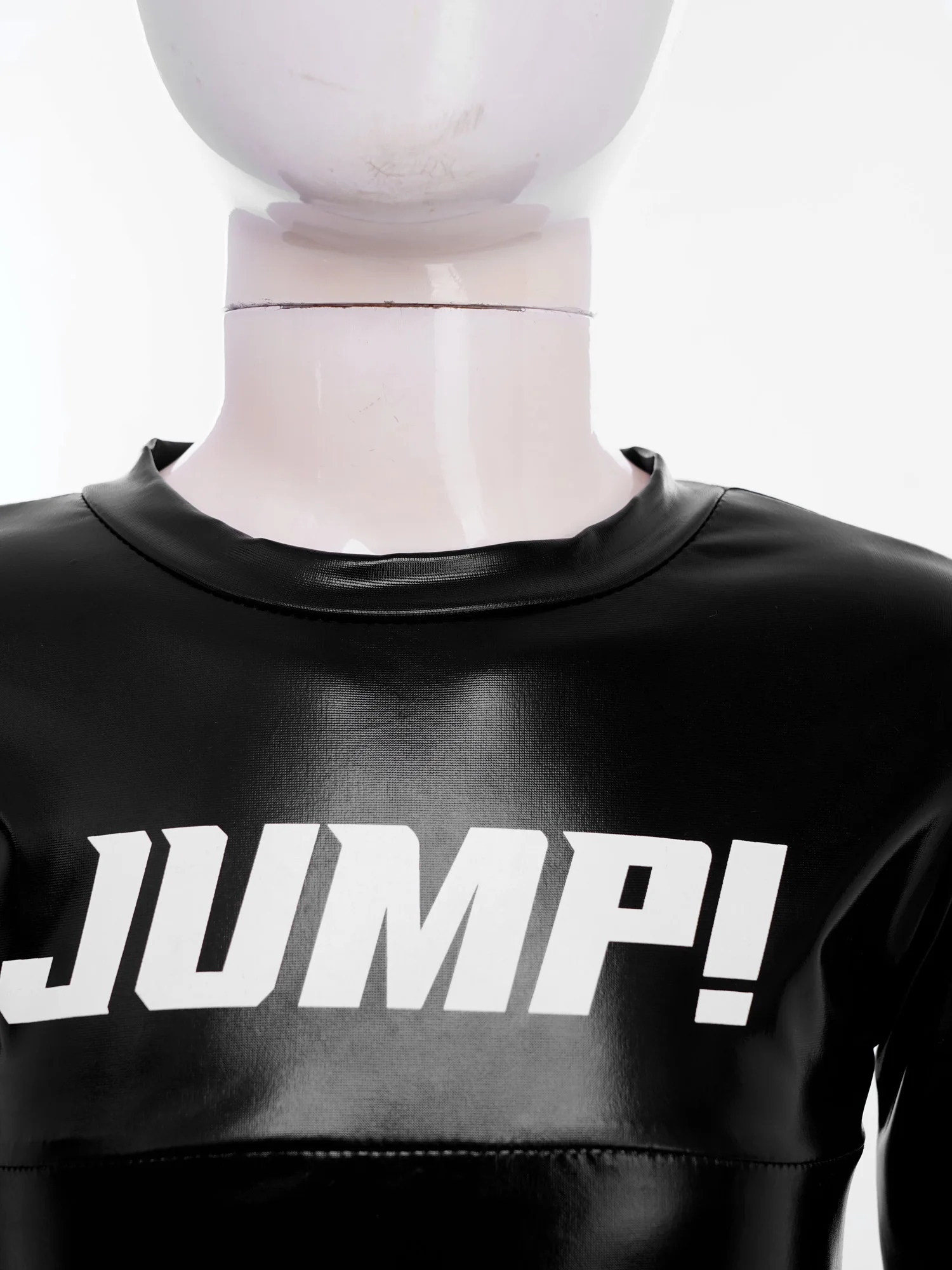 Kids Girls Shiny Hip-Hop Jazz Dance Costume Crop Top Round Neck Long Sleeve Letter Print Metallic Shirts Modern Street Dancewear
