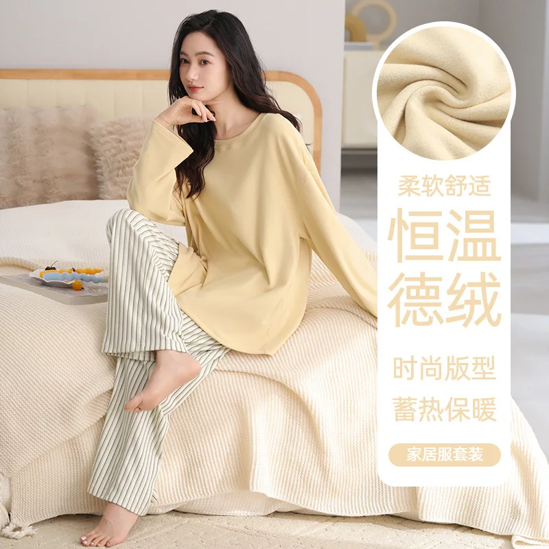 

Женский домашний комплект: пижама, удобная одежда для сна, с длинным рукавом, в корейском стиле, новая коллекция, с круглым вырезом, комплект из двух предметов, верхняя одежда