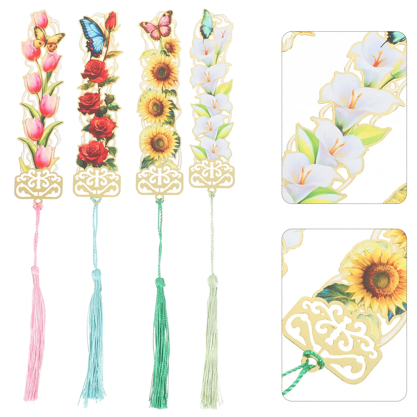 

Набор из 4 роскошных металлических закладок с кисточками, изысканный цветочный узор, титановый сплав, декоративные закладки для журналов