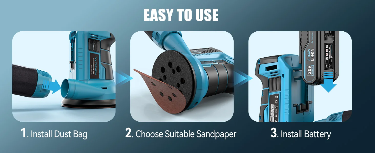 20V Cordless Orbital Sander 5'' Electric Palm Sander With Variable Speed 7000-11000 OPM Random Orbit Sander With Vacuum Dust Collector 2000mAh Battery & Fast Charger 12Pcs Sanding Discs For Woodworking Furniture (Blue)
