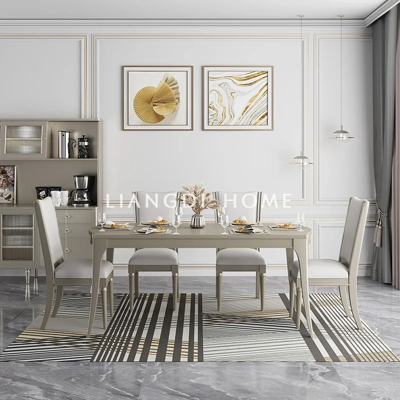 

American light luxury champagne solid wood dining table and chair combination long table simple living room small apartment