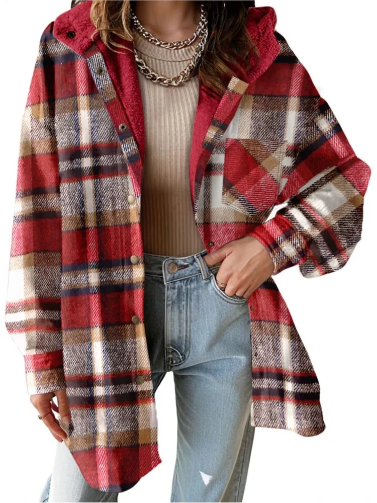 New Checkered Pocket Button Women's Jacket Coats Autumn Winter Casual Long Sleeved Lapel Comfortable Warm Thicken Coat Woman 6