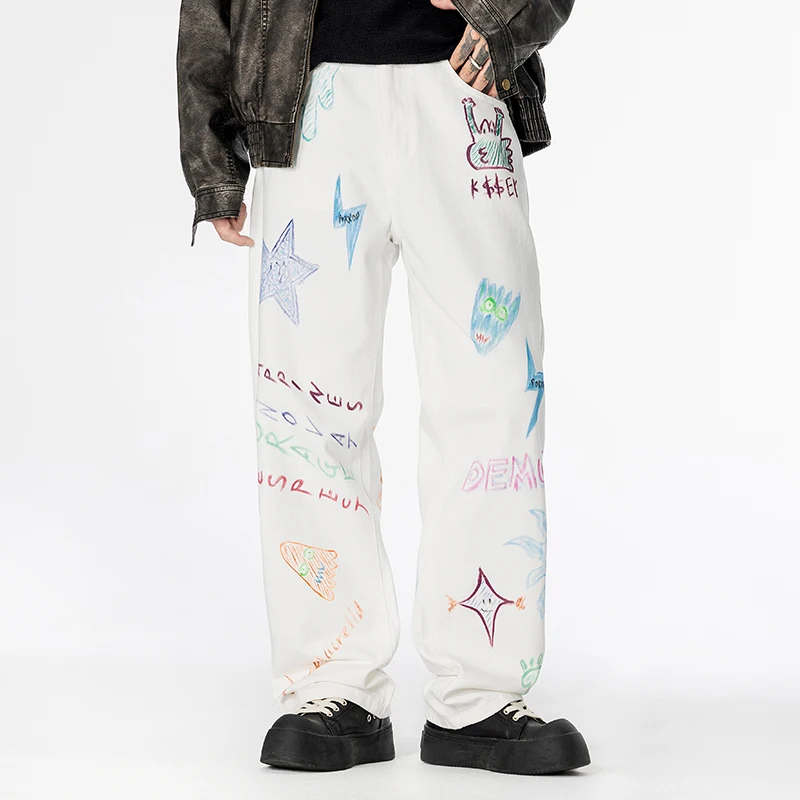 

American high street graffiti trendy brand Poker Lightning jeans straight leg versatile classic trendy men's trousers
